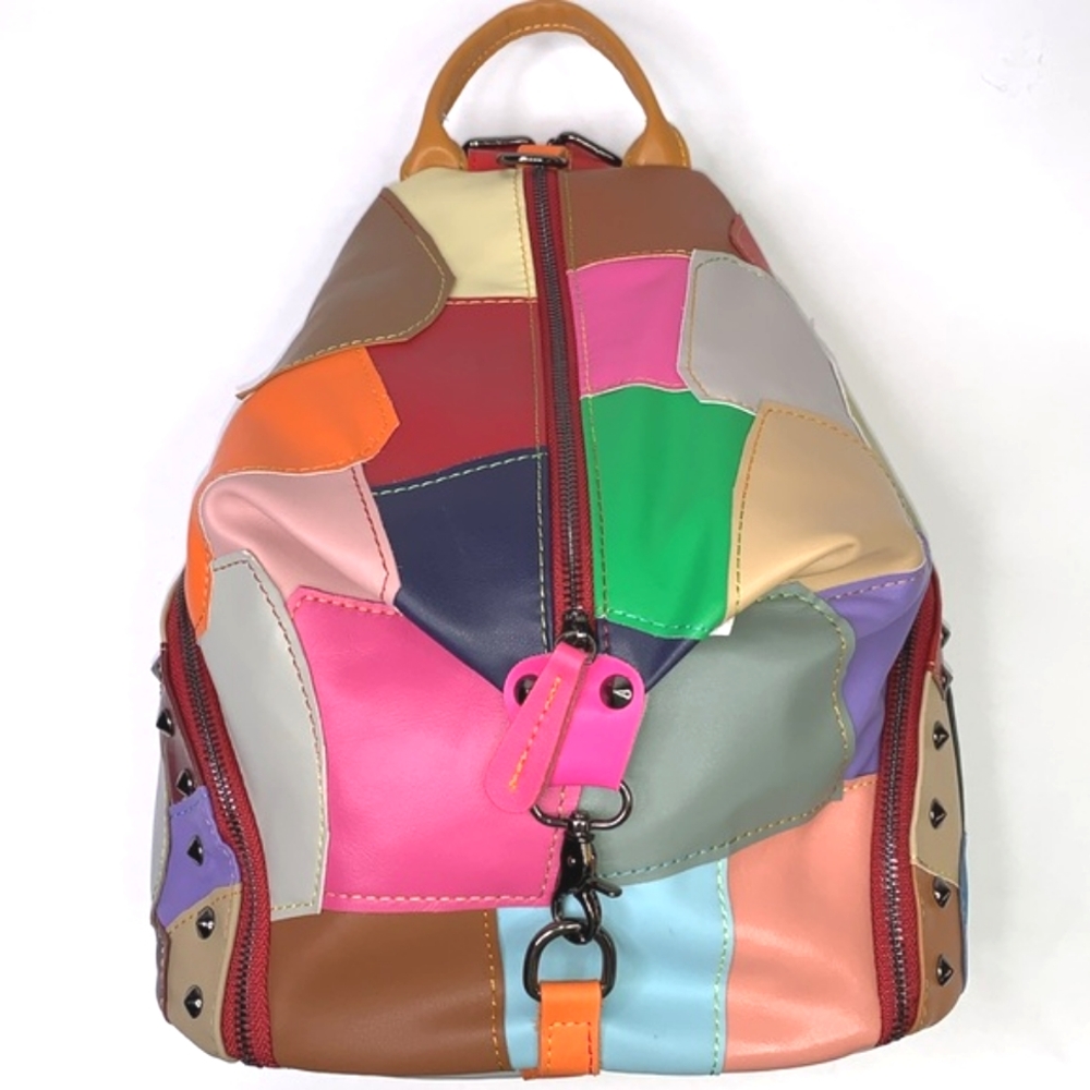 NEW Colorful Recycled Leather Studded Patchwork backpack purse boho chic